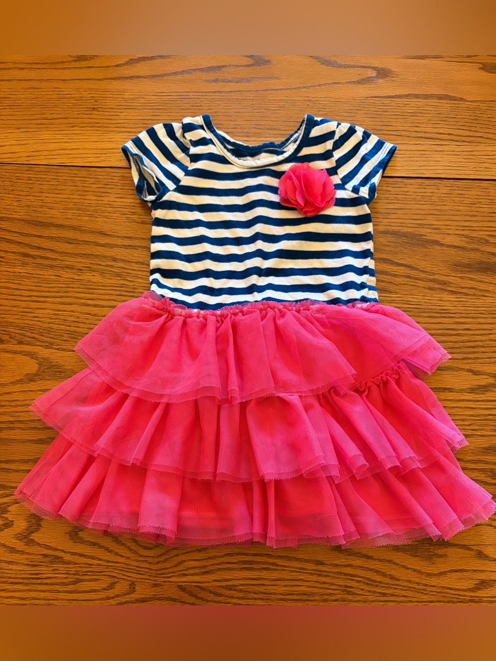 Children’s Place Dress - Navy Stripe Top with Hot Pink Tulle Skirt and Flower